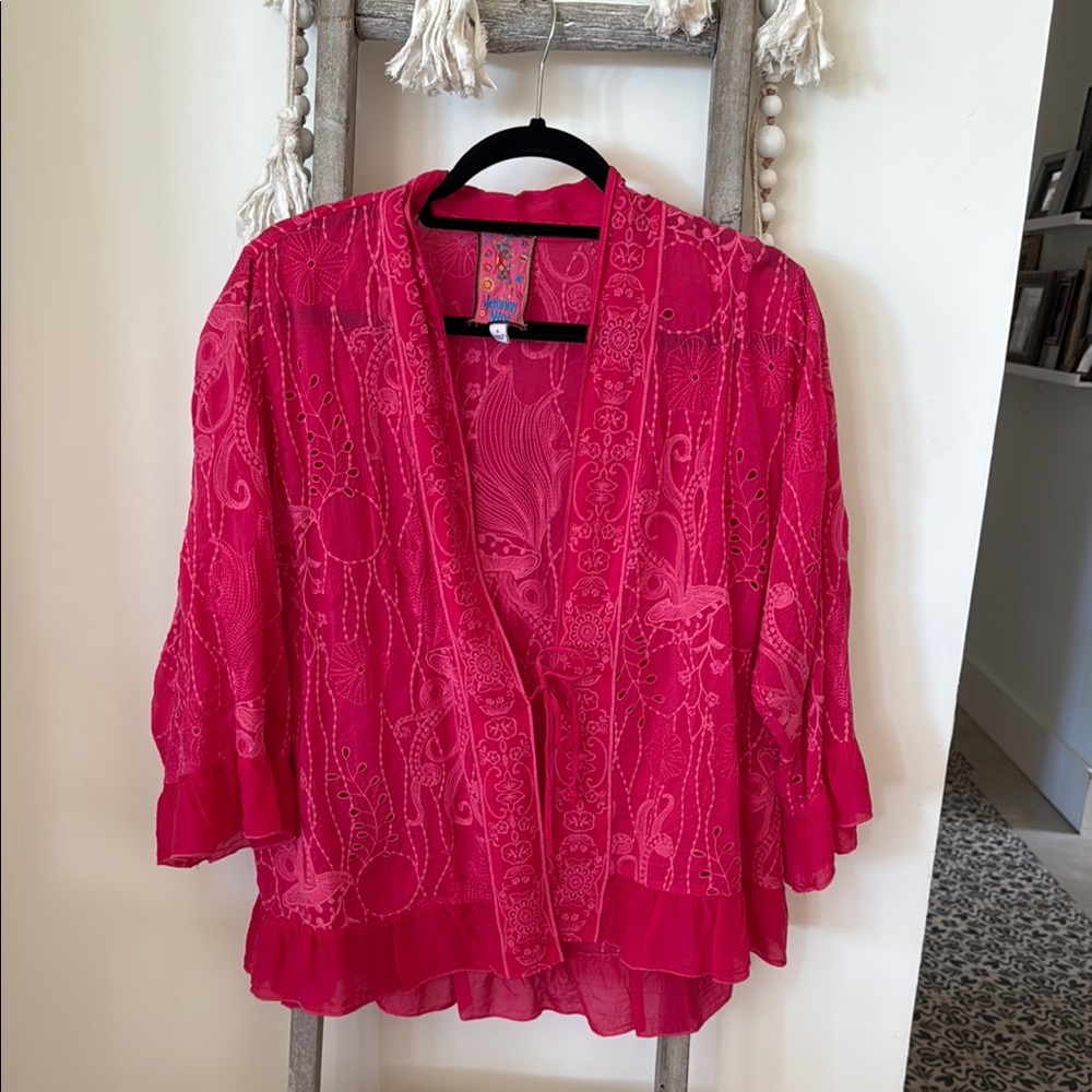Johnny Was Pink Boxy Ruffled Blouse